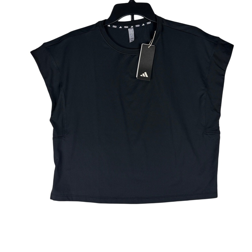 Adidas Yoga Studio T-Shirt Womens Small Black Grey Six Cap Sleeve‎ IP1860 NWT
